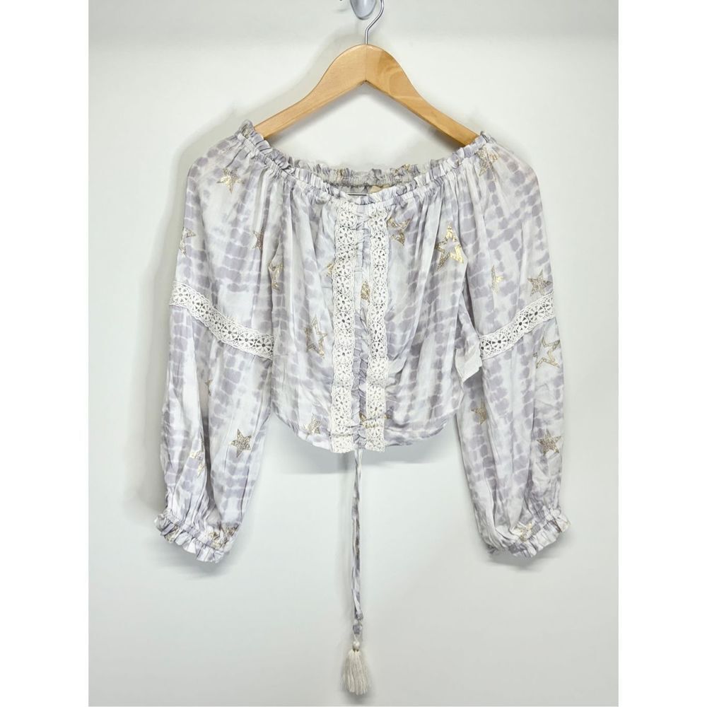 SURF GYPSY Metallic Star Print Crochet Ruched Off Shoulder Crop Top Size Small